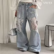 【AMIEE】美式破洞蕾絲拼接拖地牛仔褲(KDPY-6217) M 圖片色