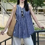 【MsMore】 藍色格子背心寬鬆A字娃娃衫無袖襯衫中長背心上衣# 125119 M 藍色