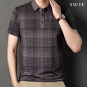 【AMIEE】冰絲涼感格子條紋寬鬆Polo衫(男裝/KDTY-7709) M 灰咖