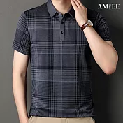 【AMIEE】冰絲涼感格子條紋寬鬆Polo衫(男裝/KDTY-7709) M 灰紫