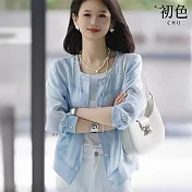 【初色】法式純色裝飾鑽輕薄開衫圓領長袖罩衫外套女外套-淺藍色-12226(M-3XL可選) M 淺藍色