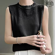 【初色】冰絲蕾絲針織荷葉領無袖內搭背心女背心-共4色-12194(F可選) F 黑色