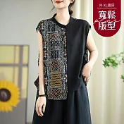 【慢。生活】復古拼接印花棉麻無袖小衫 6892  FREE 黑色