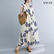 【AMIEE】寬鬆休閒度假印花無袖連衣裙(KDDY-955) M 圖片色