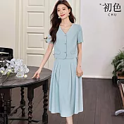 【初色】小香風薄款V領短袖西外套外套女外套+純色簡約壓褶中長裙半身裙套裝-共2色-13108(M-2XL可選) M 藍色