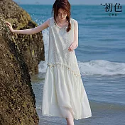 【初色】圓領花邊無袖立體繡花刺繡亮片寬鬆背心中長裙連衣裙連身洋裝長裙-共2色-13048(M-2XL可選) M 米白色