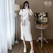 【初色】休閒風修身純色花邊圓領短袖T恤上衣女上衣+純色抽繩長裙半身裙套裝-共2色-13119(M-2XL可選) M 白色