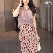 【初色】氣質花邊圓領短袖罩衫上衣+波點無袖吊帶裙連身裙套裝-波點-13121(M-2XL可選) M 波點