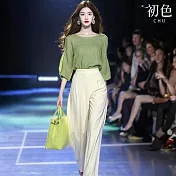 【初色】通勤風棉麻圓領七分長袖T恤上衣女上衣+顯瘦直筒西裝褲休閒褲長褲套裝-綠色-36079(M-2XL可選) M 綠色