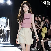 【初色】韓系簡約風文字刺繡女背心+純色顯瘦休閒褲短褲套裝-粉色-36076(M-2XL可選) M 粉色