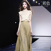 【初色】方領無袖荷葉邊T恤上衣女上衣+純色收腰壓褶半身裙套裝-杏色-36059(M-2XL可選) M 杏色