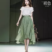 【初色】簡約風純色方領短袖T恤上衣女上衣+荷葉邊裙A字裙中腰中長裙半身裙套裝-白色-36057(M-2XL可選) M 白色