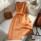 【初色】法式亞麻風圓領排扣無袖綁帶收腰顯瘦背心連身裙中長裙連衣裙連身洋裝長裙-橘色-13131(M-XL可選) M 橘色