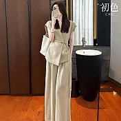 【初色】質感風寬鬆純色V領短袖腰帶馬甲上衣女上衣+純色舒適休閒褲寬褲長褲套裝-卡其色-13088(M-2XL可選) M 卡其色