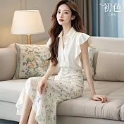 【初色】純色翻領荷葉無袖襯衫上衣女上衣+碎花遮肉顯瘦半身裙套裝-白色-36738(M-2XL可選) M 白色
