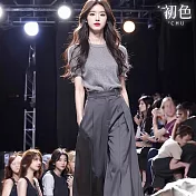 【初色】韓版寬鬆純色圓領短袖針織衫+A字高腰闊腿褲套裝-灰色-13123(F可選) F 灰色