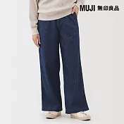 【MUJI 無印良品】女輕磅丹寧打褶寬版褲 S 藍色