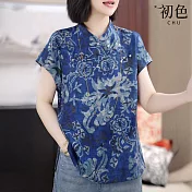 【初色】復古風立領短袖青花瓷印花襯衫上衣女上衣-藍色-13487(M-2XL可選) M 藍色