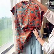 【初色】新中式寬鬆撞色提花圓領短袖中長款改良旗袍上衣女上衣-橘紅色-13494(M-2XL可選) 2XL 橘紅色