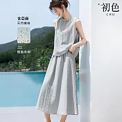 【初色】波西米亞風棉麻輕薄圓領無袖襯衫上衣女上衣+純色中長裙半身裙套裝-藍色-13038(M-2XL可選) M 藍色