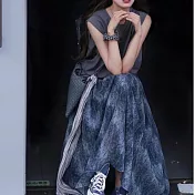 【MsMore】 配腰帶時尚背心顯瘦遮肉半身長裙2件式套裝# 125233 M 藍色