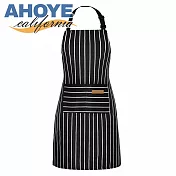 【AHOYE】北歐加厚可調節防汙圍裙 1入組 (工作圍裙 廚房圍裙 口袋圍裙) 黑白寬條紋