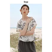 Ityp旅途原品 法式桑蠶絲獨特印花圓領小衫 夏季度假短袖真絲上衣 M L  L 碳灰杏