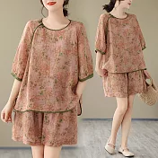 【ACheter】 棉麻印花短袖套裝簡約氣質薄款寬鬆盤扣短褲2件式# 125273 M 橘色