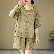 【ACheter】 棉麻印花短袖套裝簡約氣質薄款寬鬆盤扣短褲2件式# 125273 XL 綠色