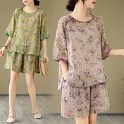 【ACheter】 棉麻印花短袖套裝簡約氣質薄款寬鬆盤扣短褲2件式# 125273 XL 紫色