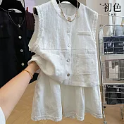 【初色】亞麻寬鬆單排釦大口袋圓領背心女背心+純色休閒褲寬褲短褲套裝-白色-36526(M-2XL可選) M 白色