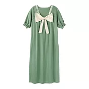 【AnZa】蝴蝶結短袖棉料居家服睡衣連身裙     L 綠色
