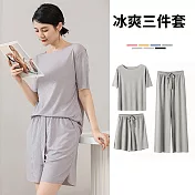 【AnZa】3件組-冰絲涼感無痕上衣短褲長褲(5色)      FREE 灰色