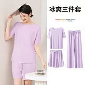 【AnZa】3件組-冰絲涼感無痕上衣短褲長褲(5色)      FREE 紫色