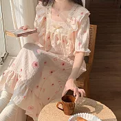 【AnZa】泡泡皺方領花邊睡裙居家服連身裙     FREE 水蜜桃
