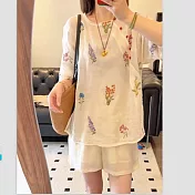 【ACheter】 國風碎花套裝絲棉七分袖盤扣麻短褲2件式# 125312 M 白色