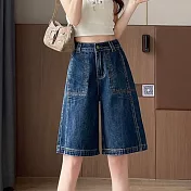 【MsMore】 丹寧五分牛仔短褲薄款高腰小個子寬鬆中褲# 125332 M 藍色