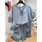 【ACheter】 韓版兩件式清純系涼感麻棉短褲套裝# 125350 M 藍色