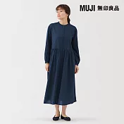 【MUJI 無印良品】女棉薄紗藍染長袖洋裝 S 深藍