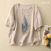 【AMIEE】寬鬆休閒印花圓領短袖上衣T恤(KDTY-2537) M 香檳色
