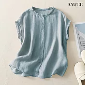 【AMIEE】小個子短款木耳邊短袖襯衫上衣(KDTY-6201) M 淺藍色