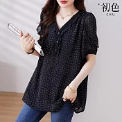 【初色】法式字母印花V領通勤泡泡袖短袖寬鬆雪紡上衣女上衣-黑花色-13288(M-4XL可選) 2XL 黑花色