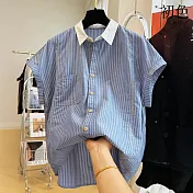 【初色】法式復古風豎條紋撞色翻領連肩短袖襯衫上衣女上衣-藍白條紋-13677(M-2XL可選) M 藍白條紋