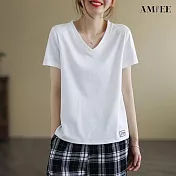 【AMIEE】短袖寬鬆V領休閒貼布打底衫T恤(KDTY-A6632) M 白色