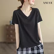 【AMIEE】短袖寬鬆V領休閒貼布打底衫T恤(KDTY-A6632) M 黑色