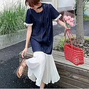 【MsMore】 法式氣質拼接牛仔復古遮肉顯瘦魚尾短袖洋裝# 125404 M 藍色