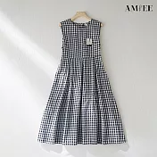 【AMIEE】黑白格子顯瘦遮肉無袖圓領背帶連衣裙(KDDY-9137) M 圖片色