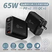aibo 65W氮化鎵GaN智能數位顯示三孔超閃充電器 黑色