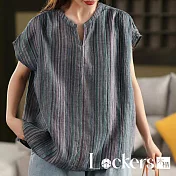 【Lockers 木櫃】復古短袖寬鬆麻衫 L114071801 F 藍條紋F