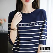 【Jilli~ko】天絲針織寬鬆顯瘦條紋T恤 J12263  FREE 深藍